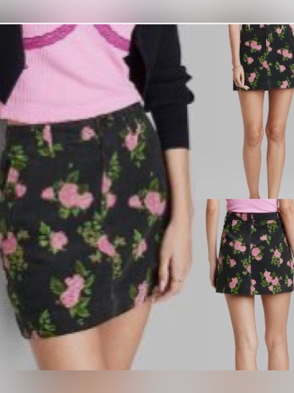 wild fable ~ Black ~ Mini Skirt ~Pink Rose Print ~ Corduroy ~ NWOT ~ Size 18
